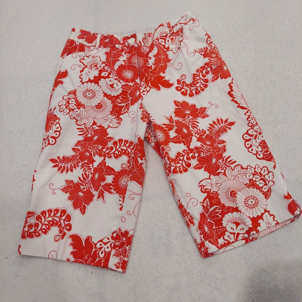 Madison Studio Women's Sz 10 Floral Crop Pants Orange~White Front &Back pockets